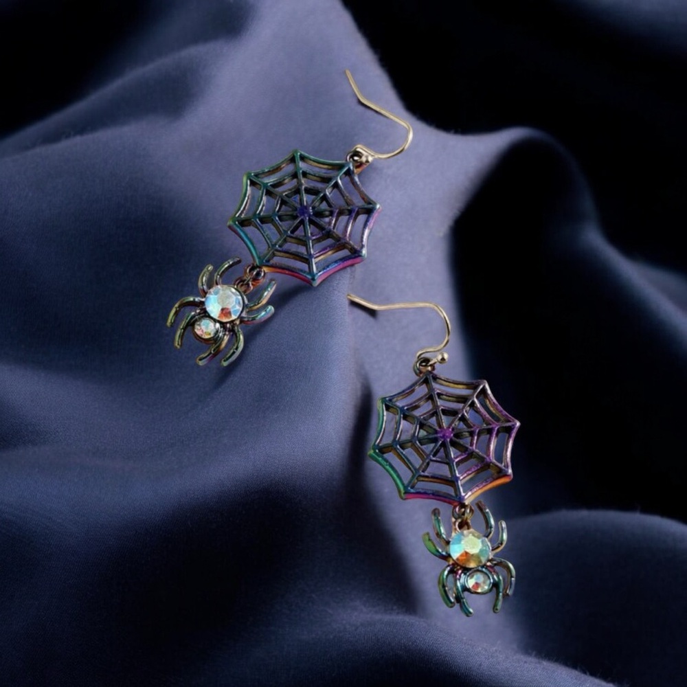 Colorful spider web design with shiny rhinestone decor dangle earrings goth punk